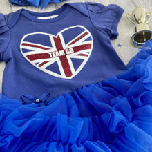 Load image into Gallery viewer, Union Jack 'TEAM GB' Love Heart Royal Blue Tutu Romper with Bow Headband, Baby Girl Olympics Sports Outfit