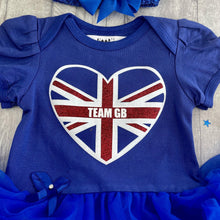 Load image into Gallery viewer, Union Jack 'TEAM GB' Love Heart Royal Blue Tutu Romper with Bow Headband, Baby Girl Olympics Sports Outfit