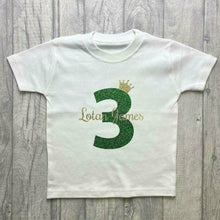 Load image into Gallery viewer, Girls Boys aged 1-5 years Personalised Birthday T-shirt Name and Age with Crown, White T-shirt
