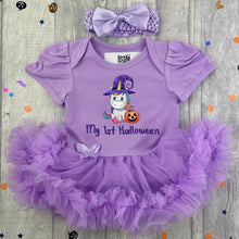 Load image into Gallery viewer, Baby Girl 1st Halloween Pumpkin Unicorn Tutu Romper With Matching Headband - Little Secrets Clothing