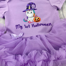 Load image into Gallery viewer, Baby Girl 1st Halloween Pumpkin Unicorn Tutu Romper With Matching Headband - Little Secrets Clothing
