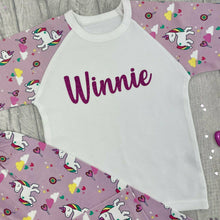 Load image into Gallery viewer, Personalised Unicorn Print Girls Pyjamas with glitter name