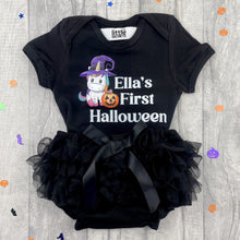 Load image into Gallery viewer, Baby Girl First Halloween Outfit, Pumpkin Unicorn Romper and Bloomer Shorts