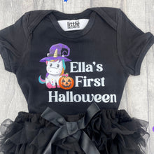 Load image into Gallery viewer, Baby Girl First Halloween Outfit, Pumpkin Unicorn Romper and Bloomer Shorts