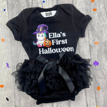 Load image into Gallery viewer, Baby Girl First Halloween Outfit, Pumpkin Unicorn Romper and Bloomer Shorts