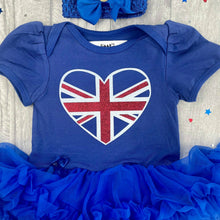 Load image into Gallery viewer, Baby Girls Union Jack Heart Tutu Romper Dress, King's Coronation