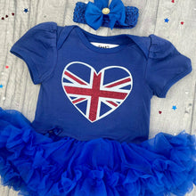 Load image into Gallery viewer, Baby Girls Union Jack Heart Tutu Romper Dress, King's Coronation