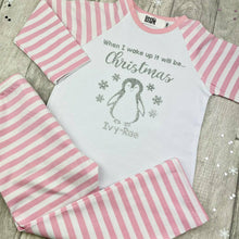 Load image into Gallery viewer, Personalised When I Wake Up It Will Be... Christmas Pyjamas, Red, Pink, or Blue Striped Christmas Pyjamas