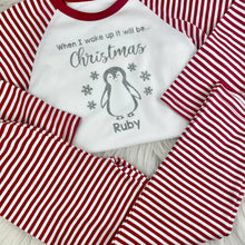 Load image into Gallery viewer, Personalised When I Wake Up It Will Be... Christmas Pyjamas, Red, Pink, or Blue Striped Christmas Pyjamas