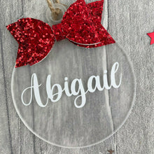 Load image into Gallery viewer, Personalised Christmas Bauble with Glitter Bow, Flat Christmas Decoration