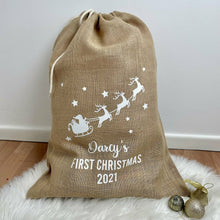 Load image into Gallery viewer, Baby's First Christmas Gift Sack, Father Christmas Sleigh Personalised, Baby's 1st Christmas Gift