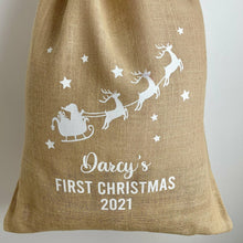Load image into Gallery viewer, Baby's First Christmas Gift Sack, Father Christmas Sleigh Personalised, Baby's 1st Christmas Gift