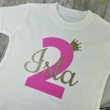 Load image into Gallery viewer, Girl's Personalised Birthday T-shirt with Name, Age and Crown, White T-shirt aged 1-5 years