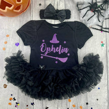 Load image into Gallery viewer, Witch Hat And Broom Baby Girl Personalised Halloween Tutu Romper With Matching Bow Headband, Purple Glitter Design