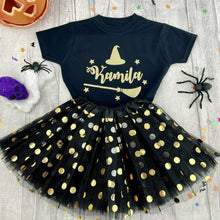 Load image into Gallery viewer, Personalised Witch T-shirt with Matching Black & Gold Tutu 1-6 years, Halloween - Little Secrets Clothing