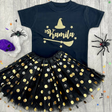 Load image into Gallery viewer, Personalised Witch T-shirt with Matching Black & Gold Tutu 1-6 years, Halloween