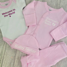 Load image into Gallery viewer, Personalised Luxury 4 Piece Premature Baby Clothing Set, Including Welcome To The World Romper, Hat, Cardigan and Pants