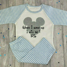 Load image into Gallery viewer, Personalised 'When I Wake Up I Will Be' Mickey Mouse Blue And White Stripe Birthday Boy Pyjamas, Disney