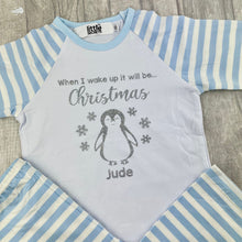 Load image into Gallery viewer, Personalised When I Wake Up It Will Be... Christmas Pyjamas, Red, Pink, or Blue Striped Christmas Pyjamas