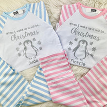 Load image into Gallery viewer, Personalised When I Wake Up It Will Be... Christmas Pyjamas, Red, Pink, or Blue Striped Christmas Pyjamas