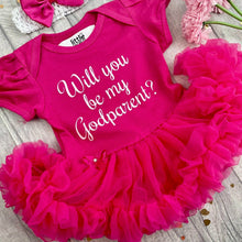 Load image into Gallery viewer, 'Will You Be My Godparent?' Baby Girl Tutu Romper With Matching Bow Headband