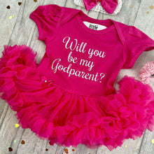 Load image into Gallery viewer, 'Will You Be My Godparent?' Baby Girl Tutu Romper With Matching Bow Headband