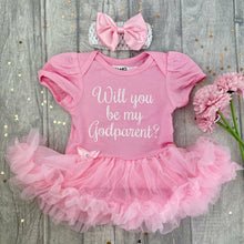 Load image into Gallery viewer, Will You Be My Godparent? Baby Girl Tutu Romper With Matching Bow Headband