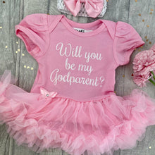 Load image into Gallery viewer, Will You Be My Godparent? Baby Girl Tutu Romper With Matching Bow Headband