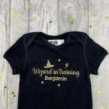 Load image into Gallery viewer, WORLD BOOK DAY! Personalised Harry Potter Baby Boy, Wizard in Training Short Sleeve Romper