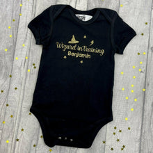 Load image into Gallery viewer, WORLD BOOK DAY! Personalised Harry Potter Baby Boy, Wizard in Training Short Sleeve Romper