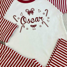 Load image into Gallery viewer, Personalised Red & White Stripe Christmas Pyjamas, Red Glitter Design