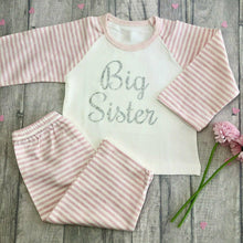 Load image into Gallery viewer, 'Big Sister' Pink And White Stripe Girls Pyjamas