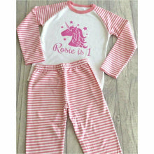 Load image into Gallery viewer, Personalised Birthday Unicorn pink and white girls stripe pyjamas age 1-10 years