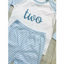 Load image into Gallery viewer, Birthday Boys Numbered Blue Stripe Pj's