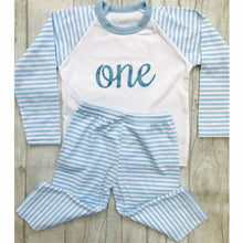 Load image into Gallery viewer, Birthday Boys Numbered Blue Stripe Pj's