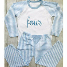 Load image into Gallery viewer, Birthday Boys Numbered Blue Stripe Pj's