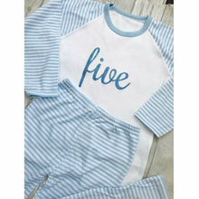 Load image into Gallery viewer, Birthday Boys Numbered Blue Stripe Pj's