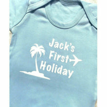 Load image into Gallery viewer, Personalised First Holiday blue baby boy romper