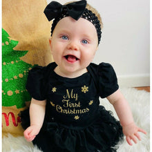 Load image into Gallery viewer, Baby Girl's First Christmas Tutu Romper with Matching Tights and Bow Headband, Gold - Little Secrets Clothing