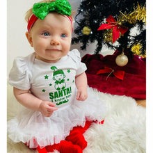 Load image into Gallery viewer, Baby Girl Christmas Elf Outfit, White Tutu Romper with Sequin Bow Headband, SANTA! I Know Him