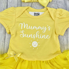 Load image into Gallery viewer, 'Mummy's Sunshine' Baby Girl Tutu Romper Dress With Matching Bow Headband, Sun Design