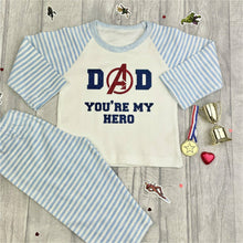 Load image into Gallery viewer, 'Dad You're My Hero' Blue and White Stripe Boys Pyjamas With Navy Blue and Red Glitter Text, Avengers Design