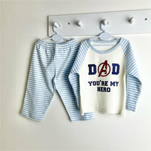 Load image into Gallery viewer, 'Dad You're My Hero' Blue and White Stripe Boys Pyjamas With Navy Blue and Red Glitter Text, Avengers Design