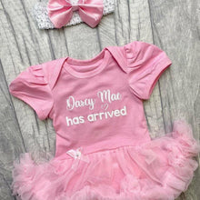 Load image into Gallery viewer, Personalised 'Has Arrived' Newborn Baby Girl Tutu Romper With Matching Bow Headband