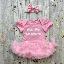 Load image into Gallery viewer, Personalised 'Has Arrived' Newborn Baby Girl Tutu Romper With Matching Bow Headband