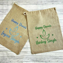 Load image into Gallery viewer, Personalised 'Happy Diwali' Hessian Celebration Gift Sack, Hindu Celebration Gifts