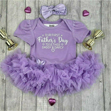 Load image into Gallery viewer, Personalised 'Our First Father's Day Together' Daddy and Name Baby Girl Tutu Romper With Matching Bow Headband, White Glitter Design With Hearts