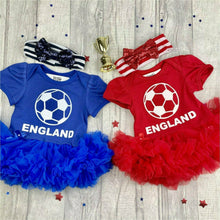 Load image into Gallery viewer, Baby Girl Tutu Romper red or blue, England The three lions Football World Cup, featuring a white design With matching Sequin Headband