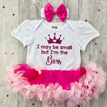 Load image into Gallery viewer, Baby girls white with pink short sleeve tutu romper with matching bow headband above, the tutu romper features dark pink glitter princess crown design with lettering underneath saying I may be small but I'm the Boss