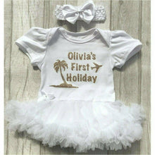 Load image into Gallery viewer, Personalised First Holiday baby girl tutu romper suit with headband - Little Secrets Clothing